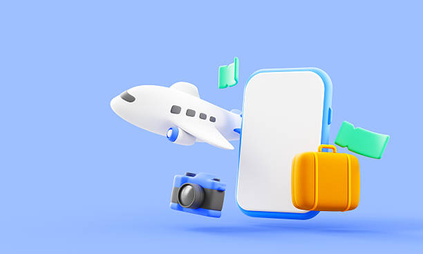 istock 3D travel booking icon with airplane and phone. Minimal 3D travel illustration showing airplane, mobile phone, camera and luggage for online booking or vacation planning. 2253231521