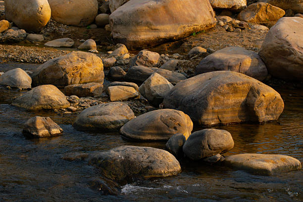 A quiet riverside scene featuring a large rock surrounded by natural elements. Perfect for use in relaxation, meditation, travel, and environmental storytelling visuals.