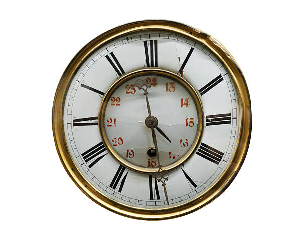 Close-up of an antique vintage clock with Roman numerals, isolated on a white background. Classic timepiece symbolizing time, history, nostalgia, and tradition