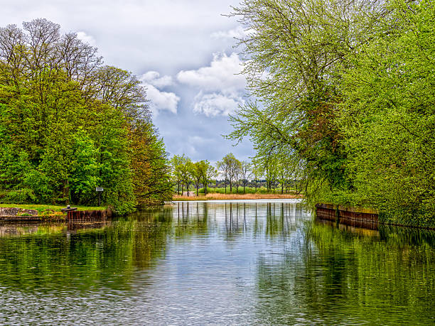 Serene Bocholt–Herentals Canal lined with lush green trees reflecting on the calm water under a cloudy sky