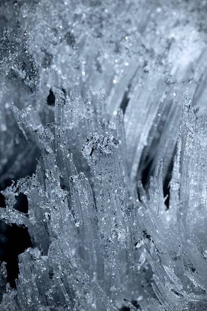 An extraordinary macro perspective of hoarfrost crystals rising like frozen skyscrapers. The intricate, needle-like structures showcase the chaotic yet geometric beauty of water under extreme freezing conditions