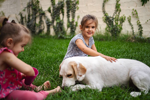 Two sisters are spending time together in the garden, playing with their dog