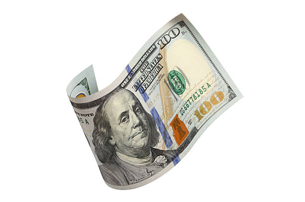 istock Curved hundred dollar banknote, isolated on white background 2253243475