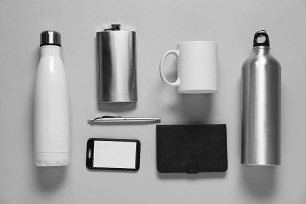 istock Different blank items for branding on gray background, flat lay. Mockup for design 2253248269
