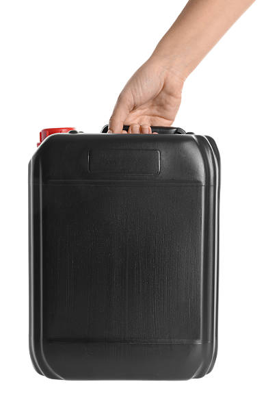 istock Woman with black plastic canister on white background, closeup 2253249780