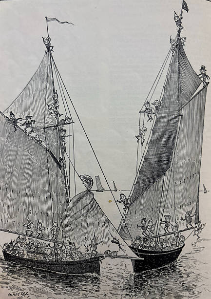 istock Antique illustration - two sailing ships with tall masts with many small elf type sailors on board 2253251598