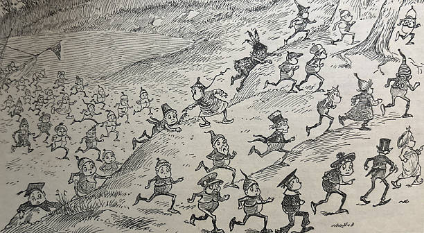 Antique illustration pre 1900 - large group of cartoon men running up a hill