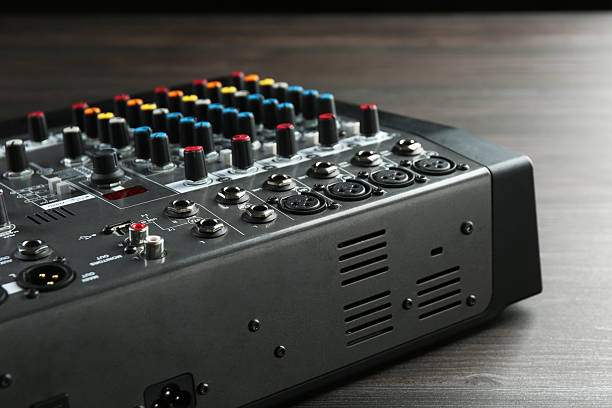 istock Professional mixing console on wooden table, closeup 2253252089