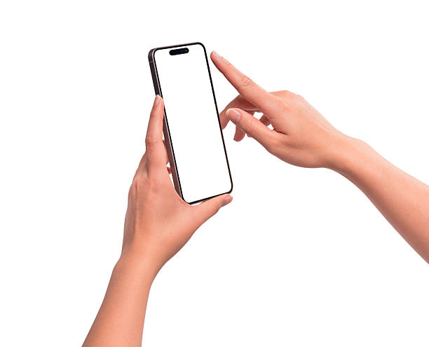 istock Hand using a modern smartphone with a blank screen, isolated on white background. High quality studio shot. Concept for technology, business, finance, advertising, public relations and lifestyle themes. 2253252737