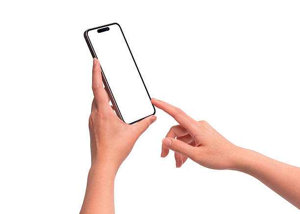 istock Hand using a modern smartphone with a blank screen, isolated on white background. High quality studio shot. Concept for technology, business, finance, advertising, public relations and lifestyle themes. 2253252740