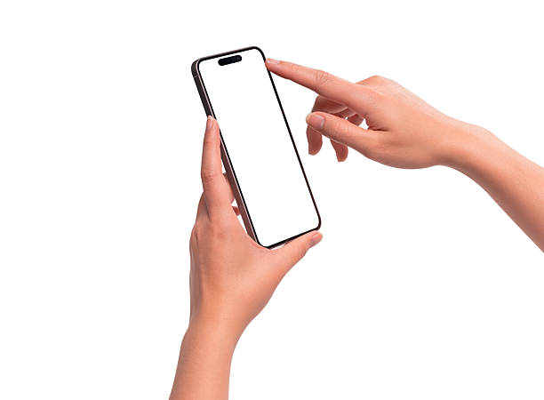 istock Hand using a modern smartphone with a blank screen, isolated on white background. High quality studio shot. Concept for technology, business, finance, advertising, public relations and lifestyle themes. 2253252741