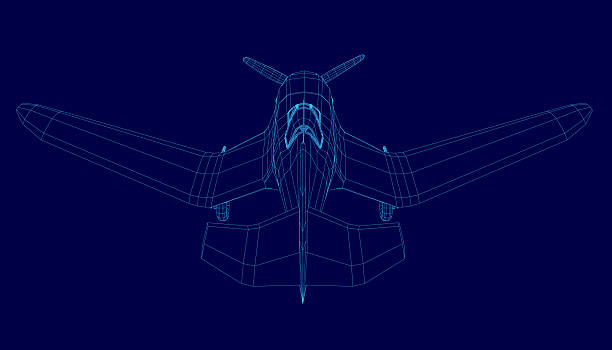istock A retro wireframe plane model is rendered in 3D with realistic detail. The blue background provides stark contrast and a clean, modern aesthetic. 2253254952