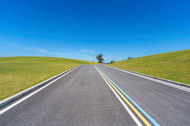 The empty asphalt road stretches across the grassland