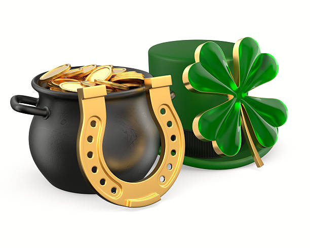 istock Iron black cauldron full shiny gold coin on white background. Is 2253258716
