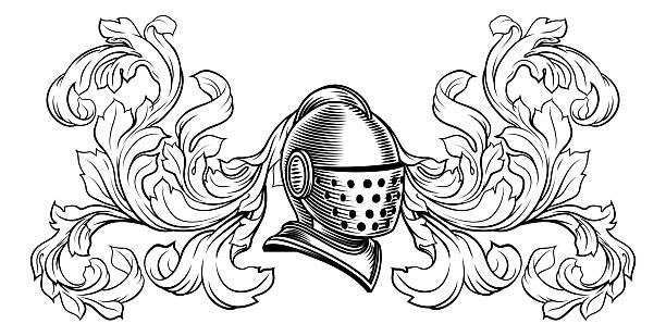 Coat of arms crest knight family medieval shield heraldry heraldic armorial motif. Featuring a knights helm helmet in a vintage etching engraving woodcut style