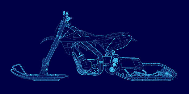 istock Blueprint of a snowmobile or snowbike on a blue background, featuring a detailed wireframe view of its motor and mechanical structure. 2253262777