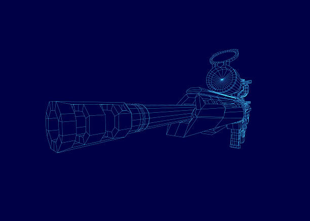 istock Modern sniper rifle blueprint with detailed wireframe components on a contrasting blue background. The technical schematic highlights the weapon's precision engineering and internal structure. 2253268108