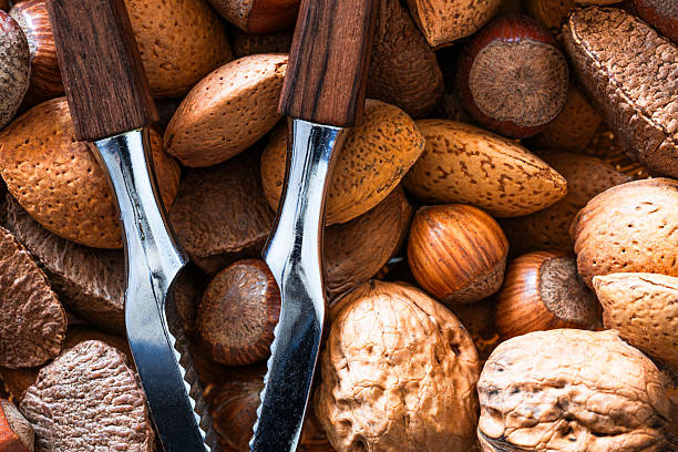Close up overhead view depicting a selection of nuts - including hazelnuts, Brazil nuts, walnuts and almonds - in a bow with a nutcracker tool resting on top of them. Room for copy space.