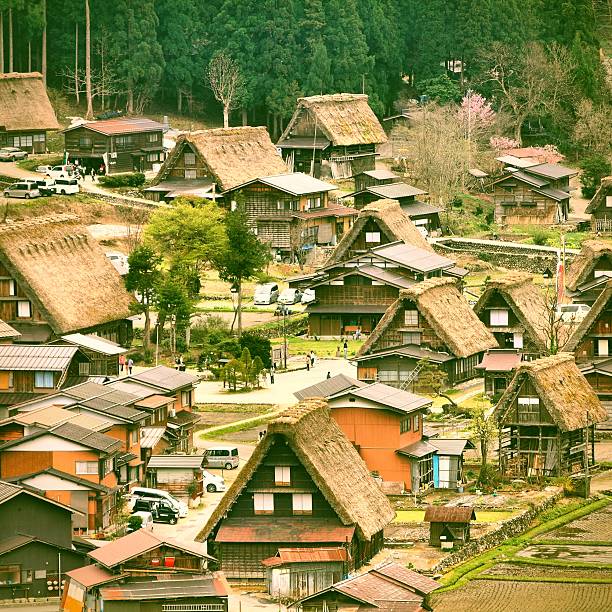 Japan - aerial view of Shirakawa-Go, famous village listed as UNESCO World Heritage Site. Gifu prefecture.