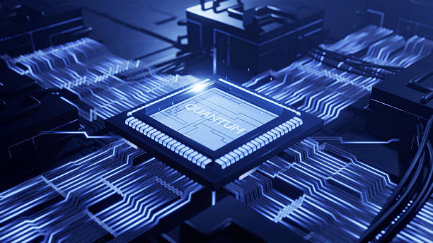 istock Quantum computer chip with blue line glowing wires on circuit motherboard, Futuristic binary digital code technology, 3d illustration 2253281682