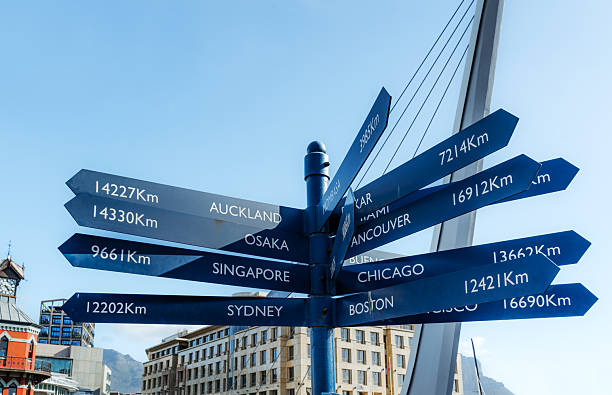 A blue multi-direction signpost points to cities and distances with Cape Town’s coastal mountains in the background. This travel-leaning image captures bold signage, urban vibes, and iconic mountain scenery from a lookout near Camps Bay.
