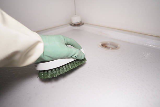 istock Cleaning a shower surface with a brush and gloves 2253286478