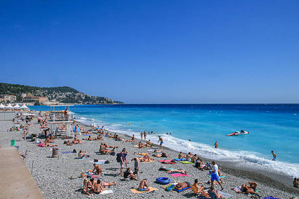 Panoramic view of the coast from the botanical garden on a summer day. Top view. Eze. France.