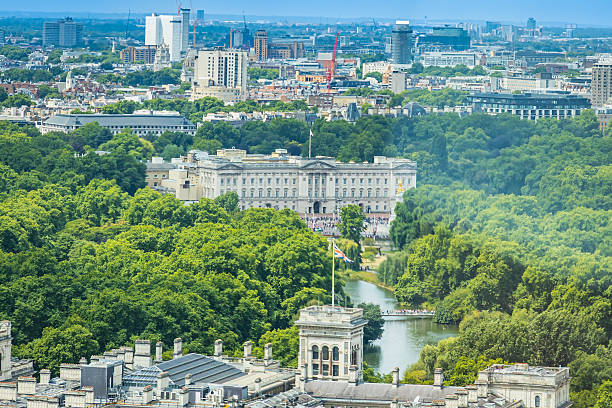 London, UK - July 14, 2025: Aerial perspective overlooking Buckingham Palace on a sunny day
