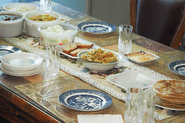Traditional Russian New Year's table. Salads and cold cuts.