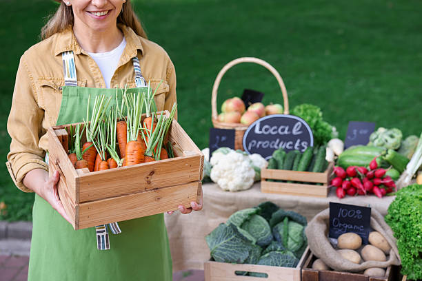 Farmer with crate of carrots near stall with different fresh vegetables at market, closeup