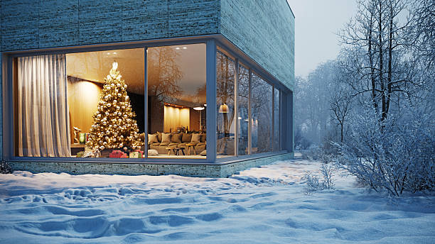 istock Modern house with Christmas tree in winter. Snowy exterior and warm interior. 3D rendering 2253301184