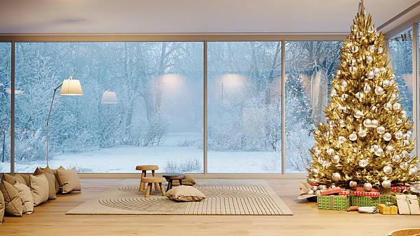 istock Modern living room with Christmas tree and snowy winter window view. 3D rendering 2253301188
