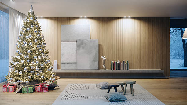 istock Modern living room with Christmas tree and gifts. Winter window view. 3D rendering 2253301191
