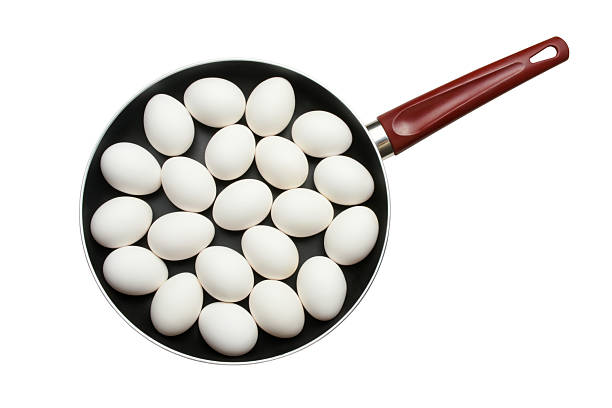 Eggs. Whole eggs in a frying pan isolated on the white background with clipping path. Directly above whole eggs in a cooking pan