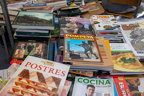 Madrid, spain; 11 15 2025 used books covering a stall at the popular el rastro market in madrid, spain