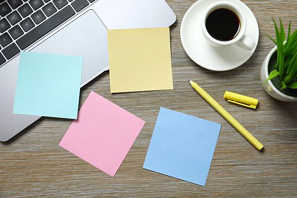 istock Workplace with laptop, coffee cup, pen and stickers, top view 2253314062