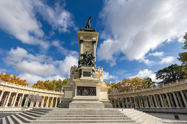 Madrid, spain; 11 05 2025 alfonso xii monument featuring sculptures, columns and steps under a blue sky