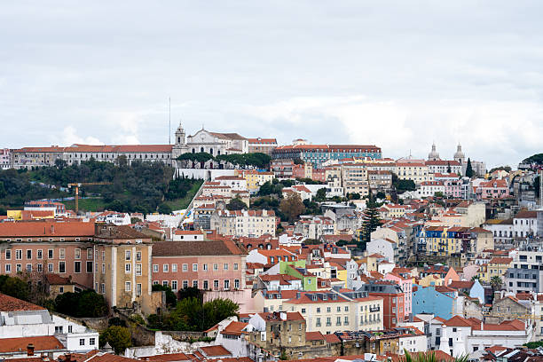 Lisbon Portugal December 06 2025. A wide panoramic view shows historic neighborhoods with dense buildings and tiled roofs across the Lisbon hills.