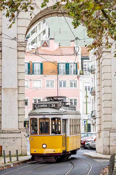 Lisbon Portugal December 06 2025. A yellow electric tram travels along tracks beneath a stone archway in the Bairro Alto district.