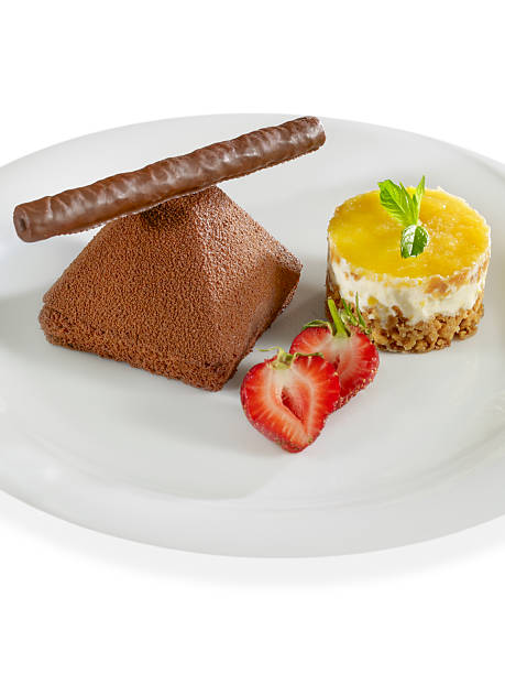 Gourmet chocolate mousse dessert on white plate