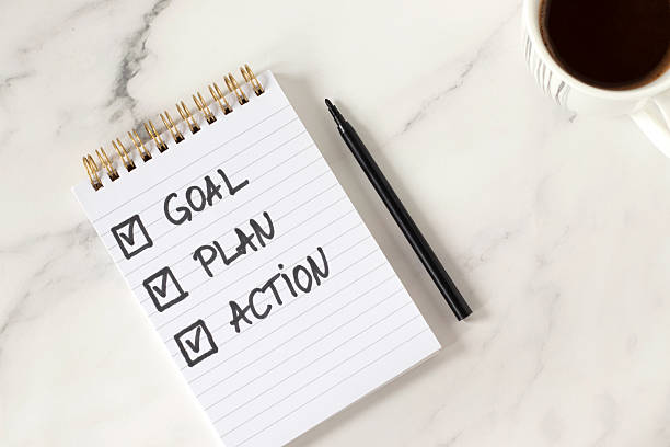 istock Goal, plan, action, handwritten inspirational checklist text in notebook with coffee cup on white marble background 2253321944