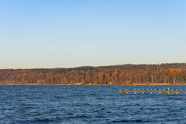 The blue water of Lake Starnberg stretches into the distance, with an old wooden dock extending out from the shore. A tall autumn forest lines the background, adding warm seasonal color to the calm lakeside scene.