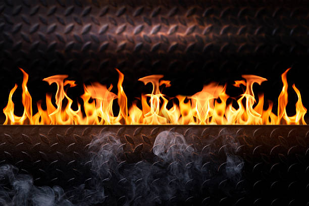 Burning binders on metal shelves in an archive setting. Intense orange flames consume the materials, creating a dramatic and chaotic scene.