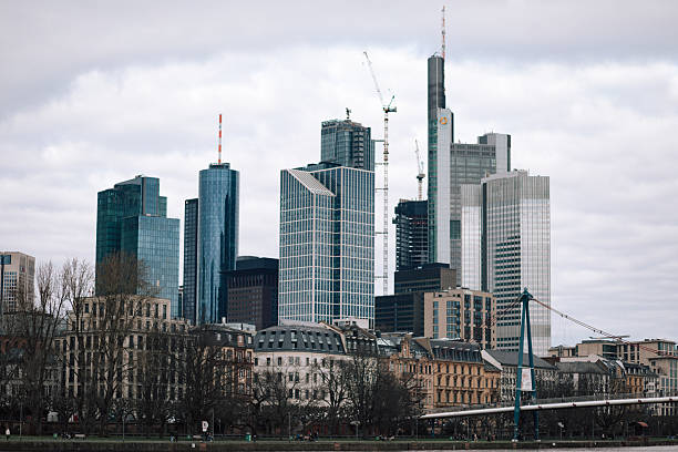 Frankfurt am Main, Germany – February 17, 2024: Cluster of modern office towers forming the city’s financial skyline.