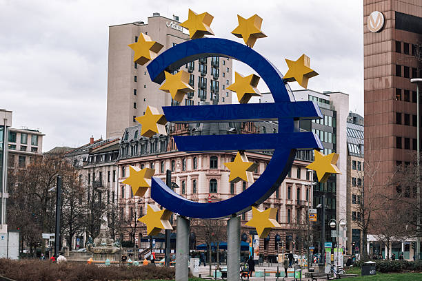 Frankfurt am Main, Germany – February 19, 2024: Euro symbol installation displayed in the city centre, referencing the European Central Bank.
