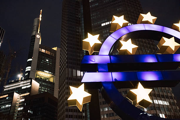 Frankfurt am Main, Germany – February 17, 2024: Close-up of illuminated euro symbol installation associated with the European Central Bank.