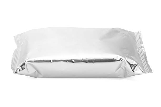 istock Blank silver foil snack packaging bag mockup isolated on a white background 2253330825