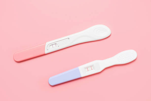 istock Two positive pregnancy tests with two stripes on pink background, top view. 2253332430