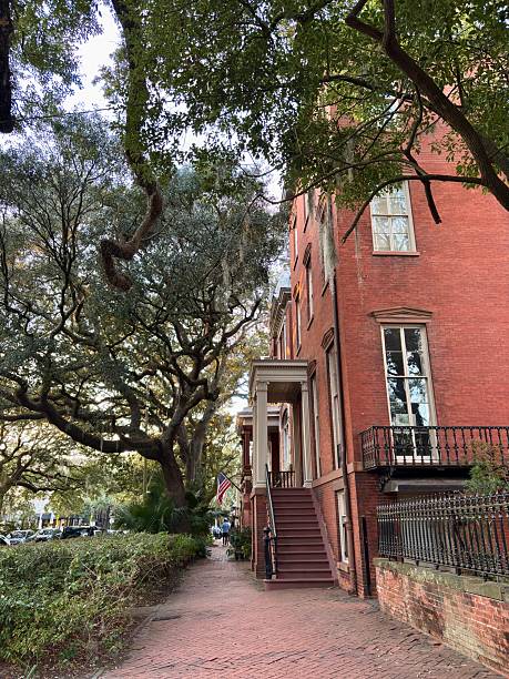 istock Historic red brick home on a mossy tree-lined street in Savannah 2253335131