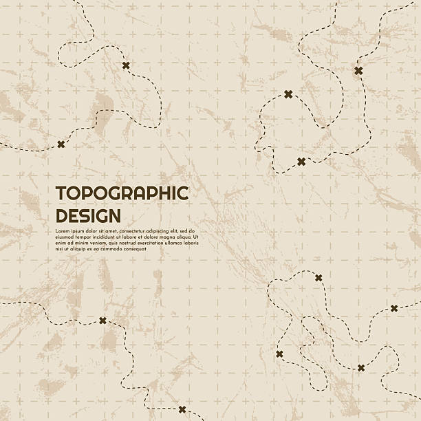 Vector illustration. Topographic map concept. Set of minimal square banners with retro graphics, marks, and trails. Line art pattern design on textured paper. Design for web banner, social media